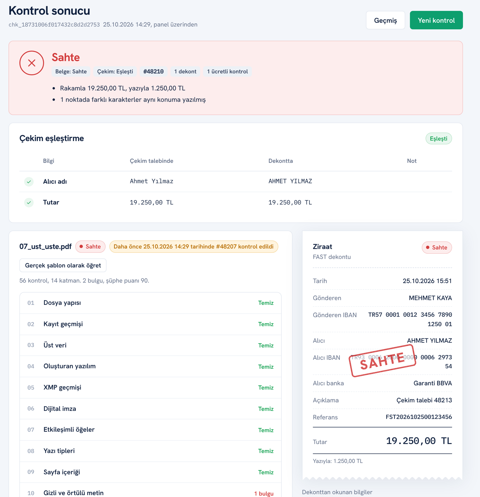 DekontKT panelinde bir kontrol sonucu